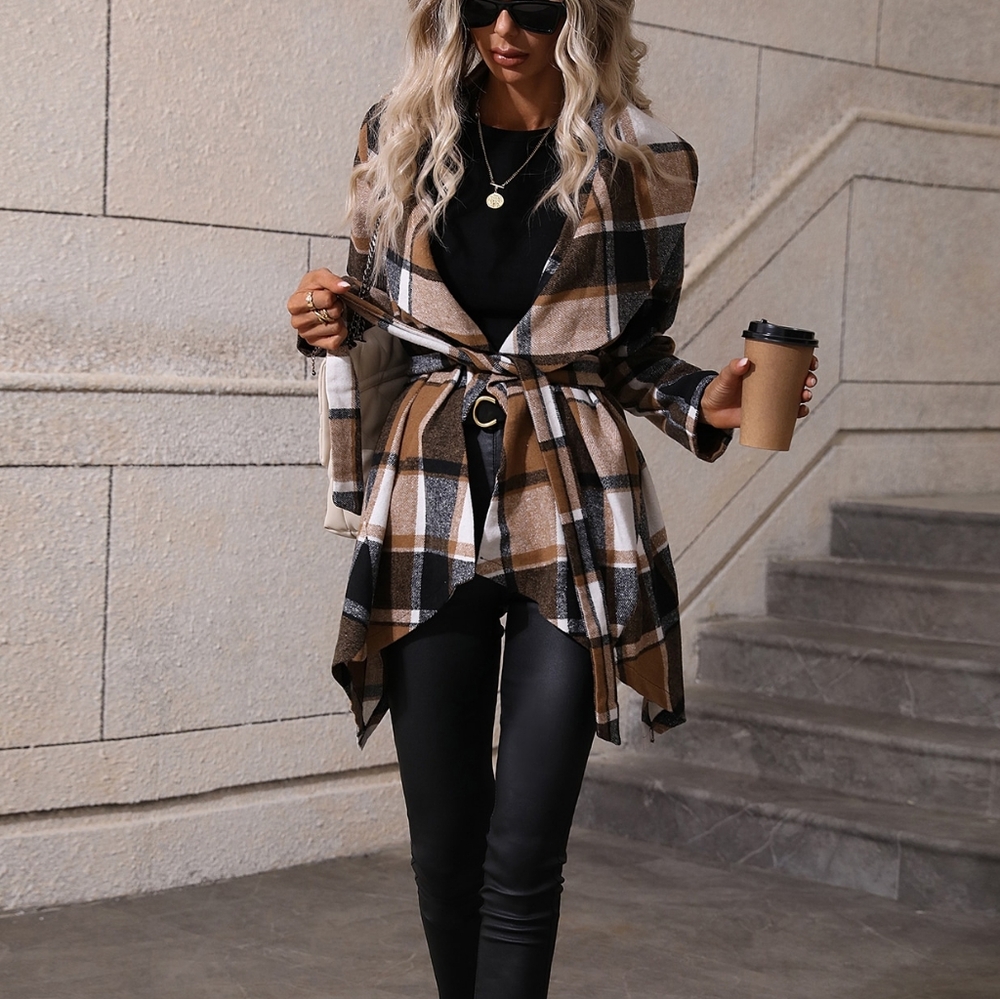 Waterfall Collar Asymmetrical Hem Belted Coat - Picture 2 of 5